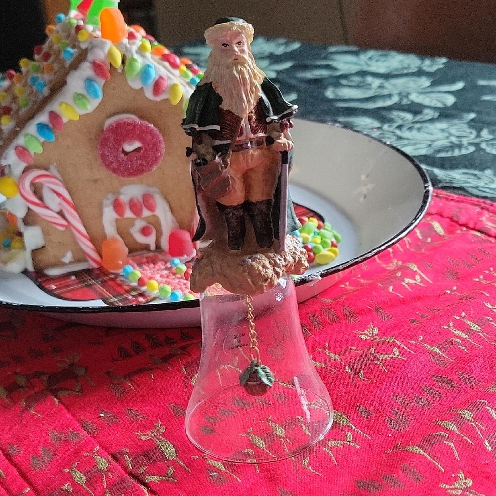 Santa Claus Glass Bell Ornament with Green and Brown Accents